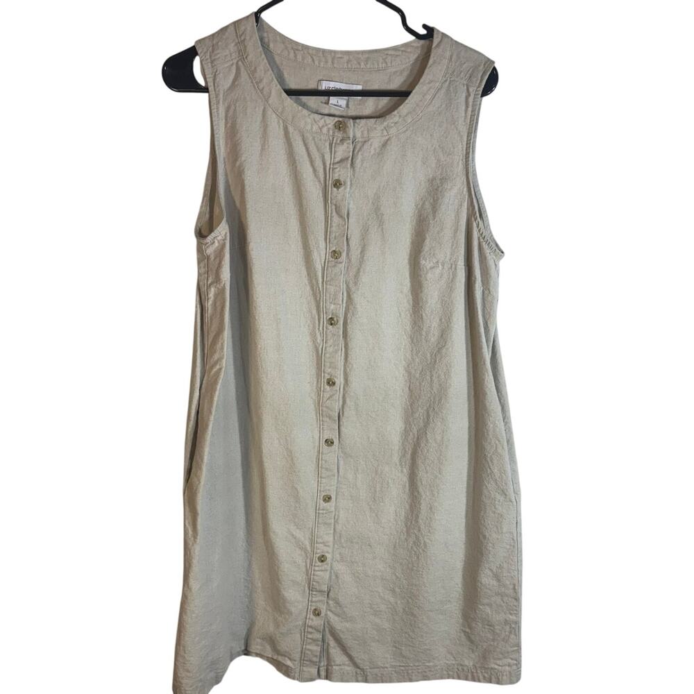 VTG Liz Claiborne Womens L Linen Blend Button Front Sleeveless Shift Dress Beige